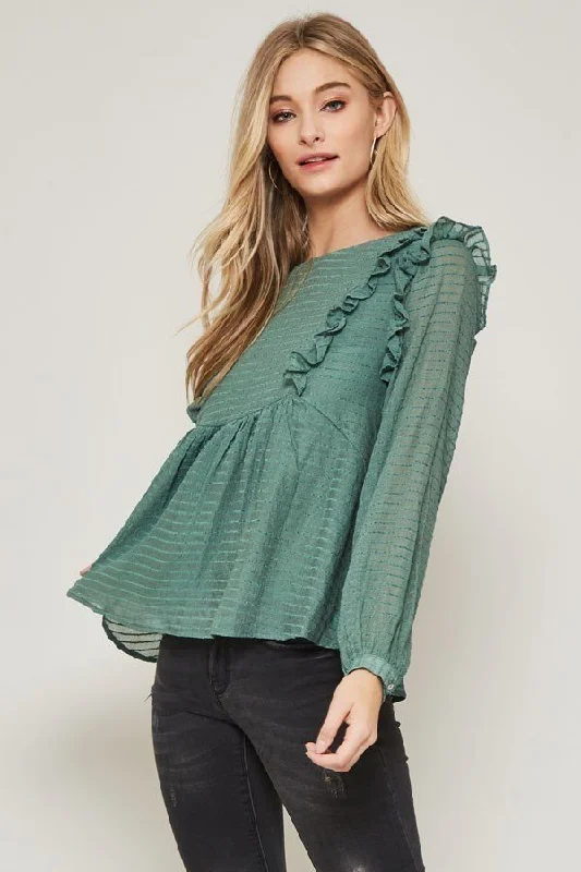 Affordable Fashion for Women Hot Girl Striped Sheer Boho In Green Long Sleeve Top