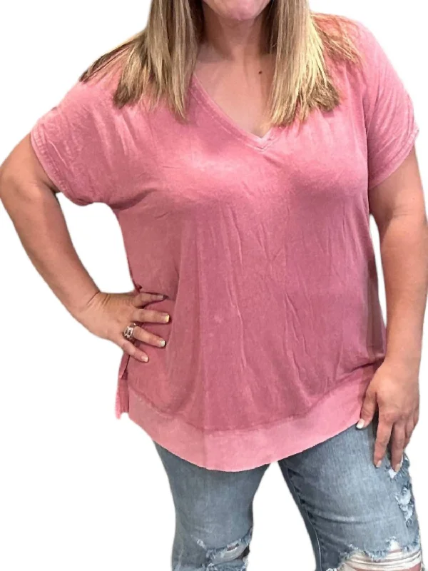 Chic And Comfortable Washed Knit Tunic Top In Raspberry