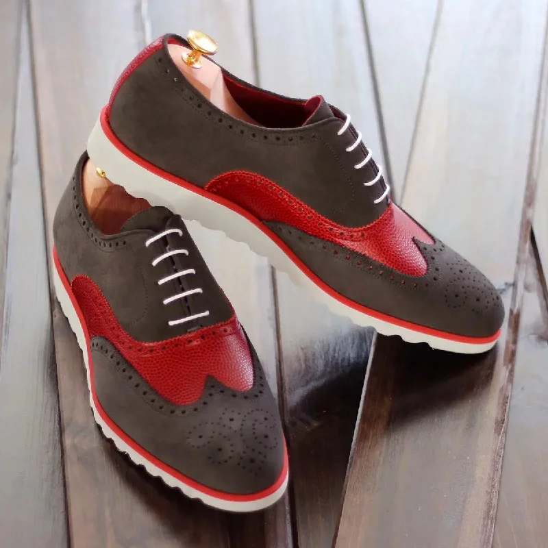 Exclusive Shoe Sale Event Happening Now DapperFam Aeron in Grey / Red Men's Lux Suede & Italian Pebble Grain Leather Full Brogue Exclusive Shoe Sale Event Happening Now DapperFam Aeron in Grey / Red Men's Lux Suede & Italian Pebble Grain Leather Full Brogue