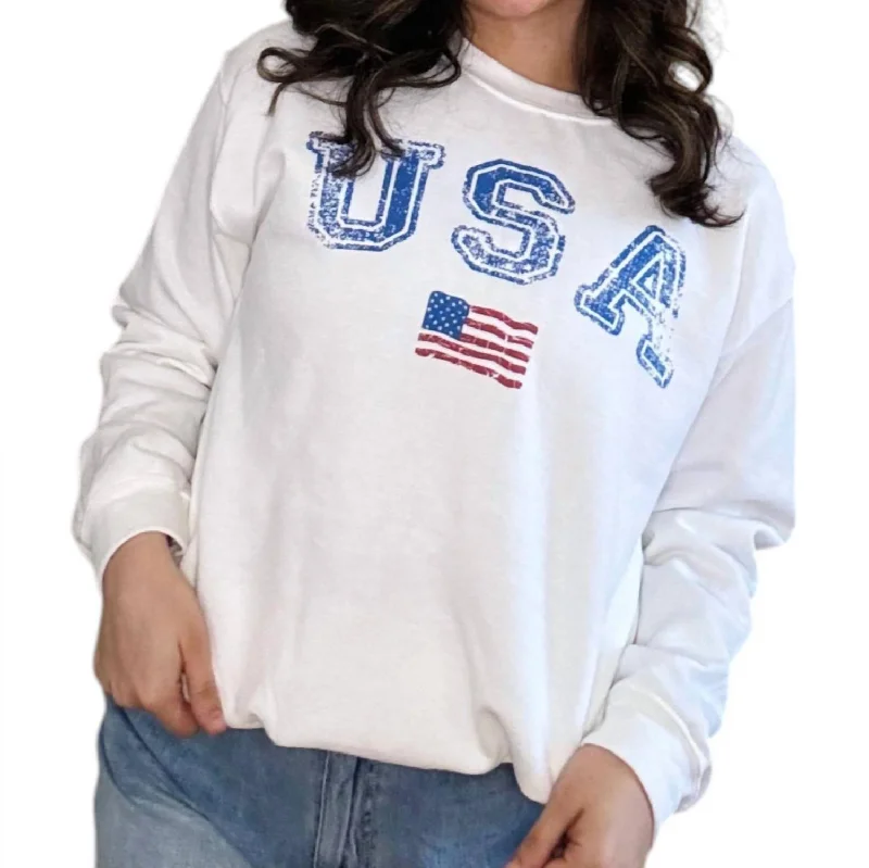 Women's Functional Outdoor Garments Washed Usa Flag Sweatshirt In White