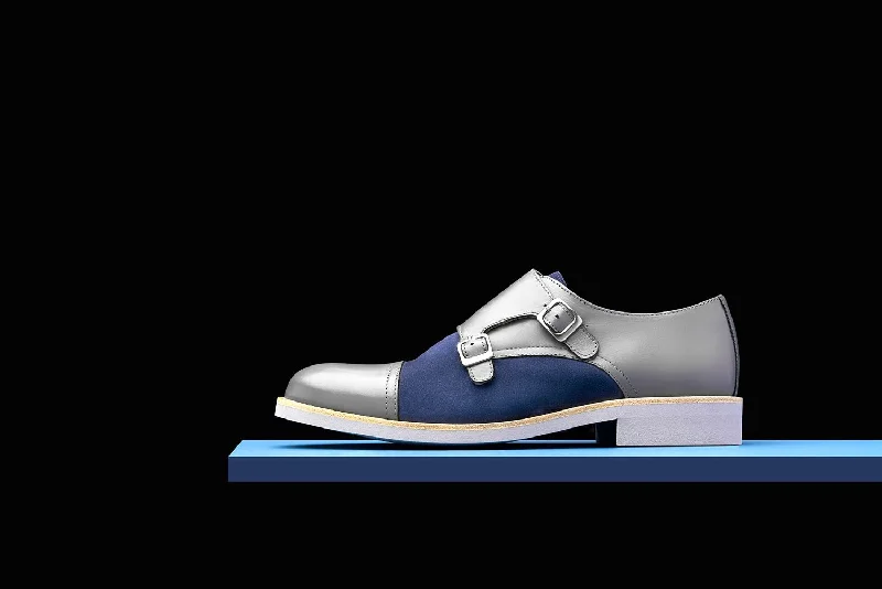 Men's Cushioned Shoes Mens Grey & Blue Leather Double Monk Strap Dress Shoes