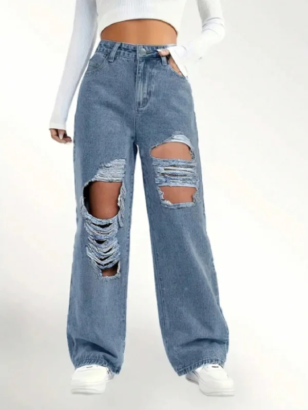 Casual Women's Clothing Hot Girl Distressed Wide Leg Jeans In Medium Wash