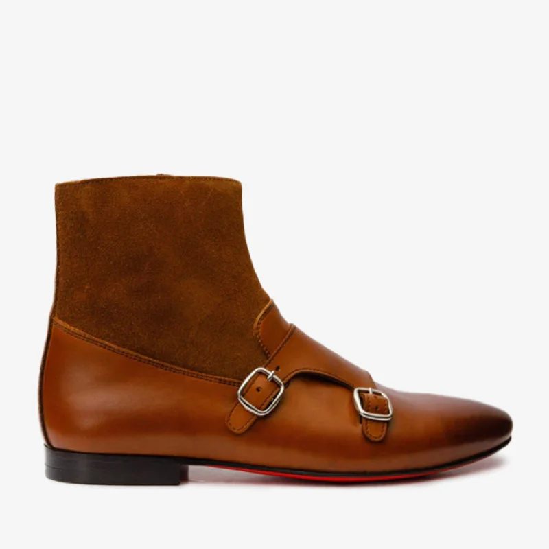 Stylish Shoes For Men Preston Tan Leather & Suede Double Monk Strap Ankle Men Boot