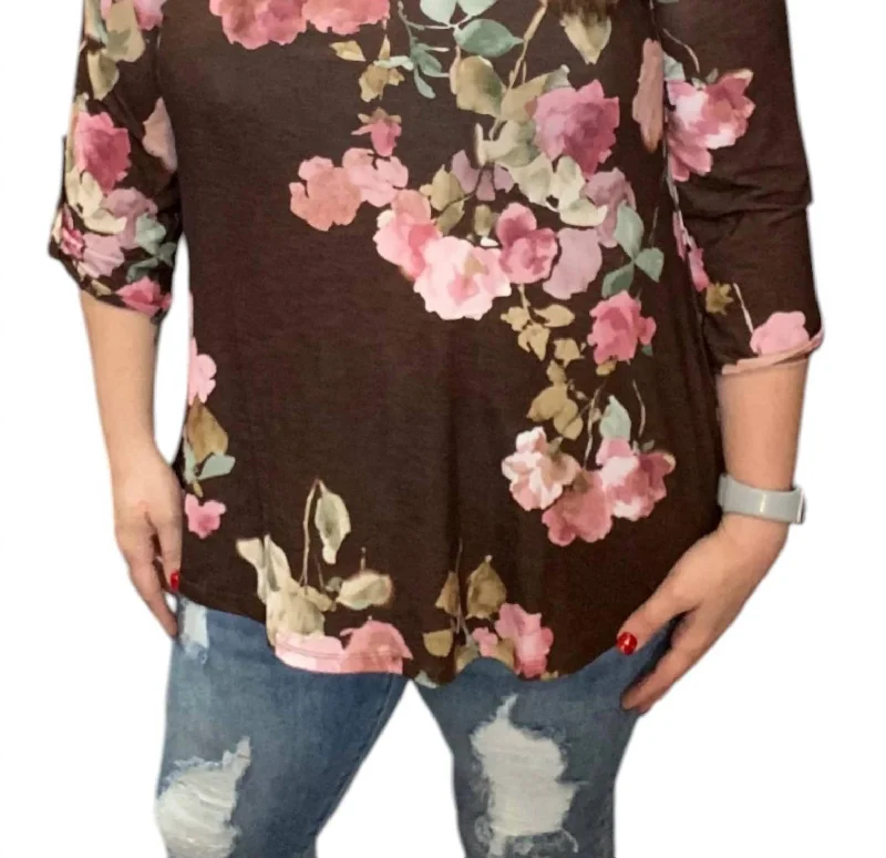 Affordable Online Boutique Floral Gabby Tunic Top In Chocolate