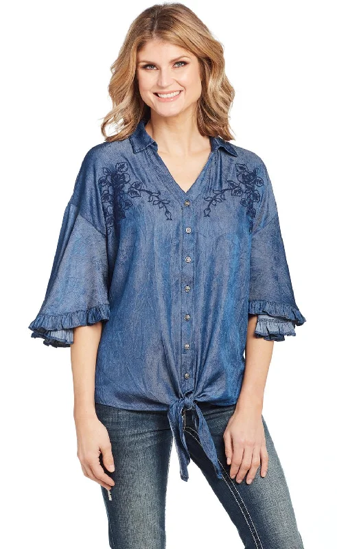 Women's Elegant Garments Cowgirl Up Womens Denim Polyester V-Neck Ruffle Blouse S/S