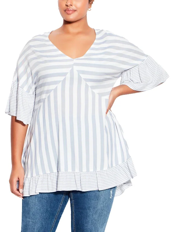 Women's Fashionable Attire For Work Plus Hattie Womens Ruffed Striped Tunic Top