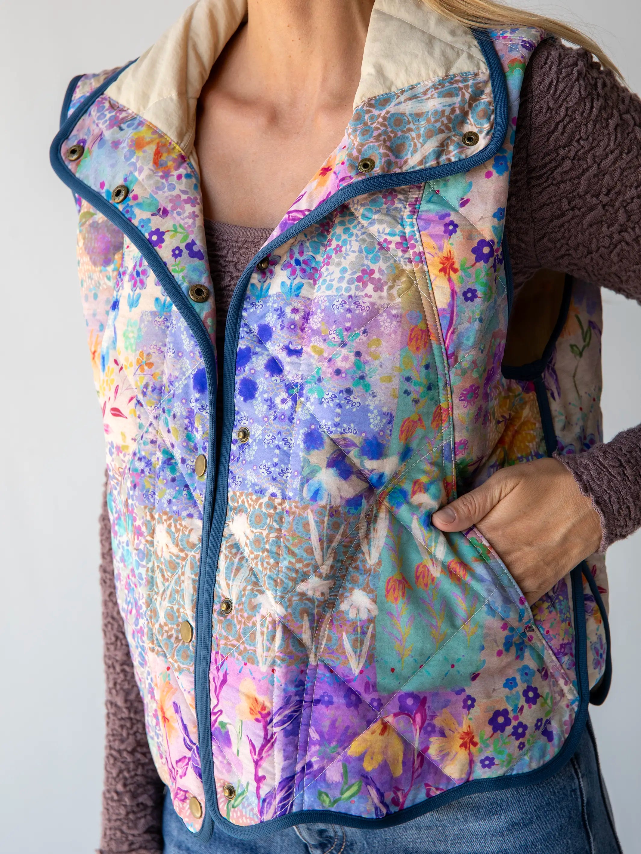 Sales Clothes Quilted Puffer Vest - Blue Watercolor Patchwork