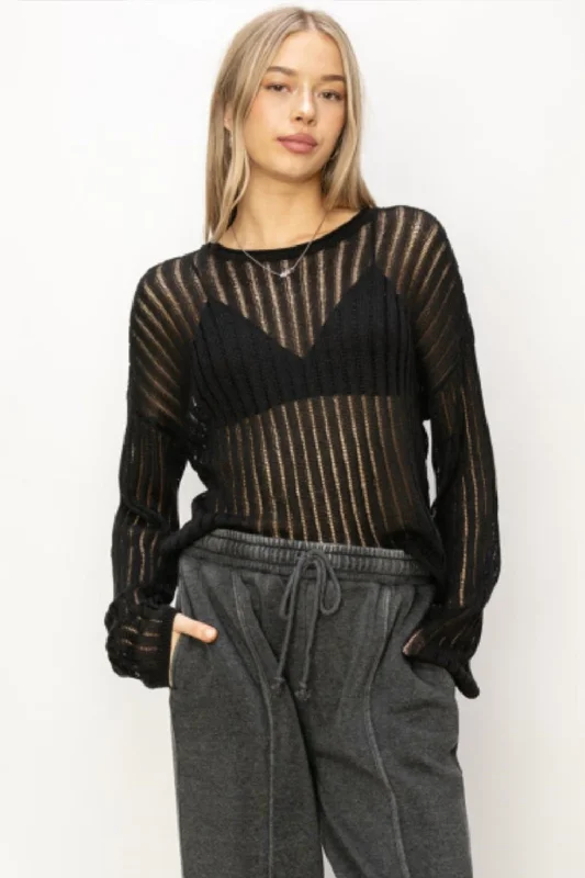 Women's Clothing Stores Hot Girl Openwork Ribbed Knit In Black Long Sleeve Top