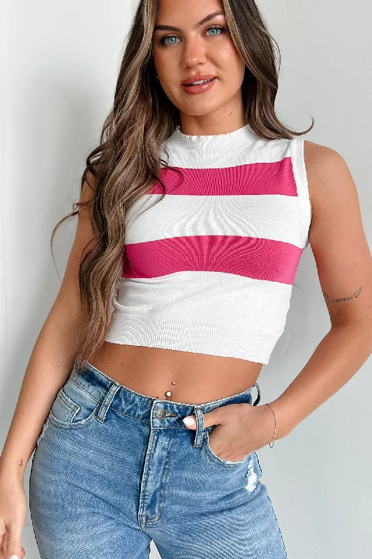 Comfortable Women's Apparel I Always Know Striped Sleeveless Crop Top (Ivory/Fuchsia)