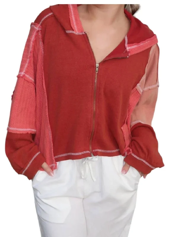 Stylish Everyday Clothing Sunset Zip Up Hoodie In Red Brick