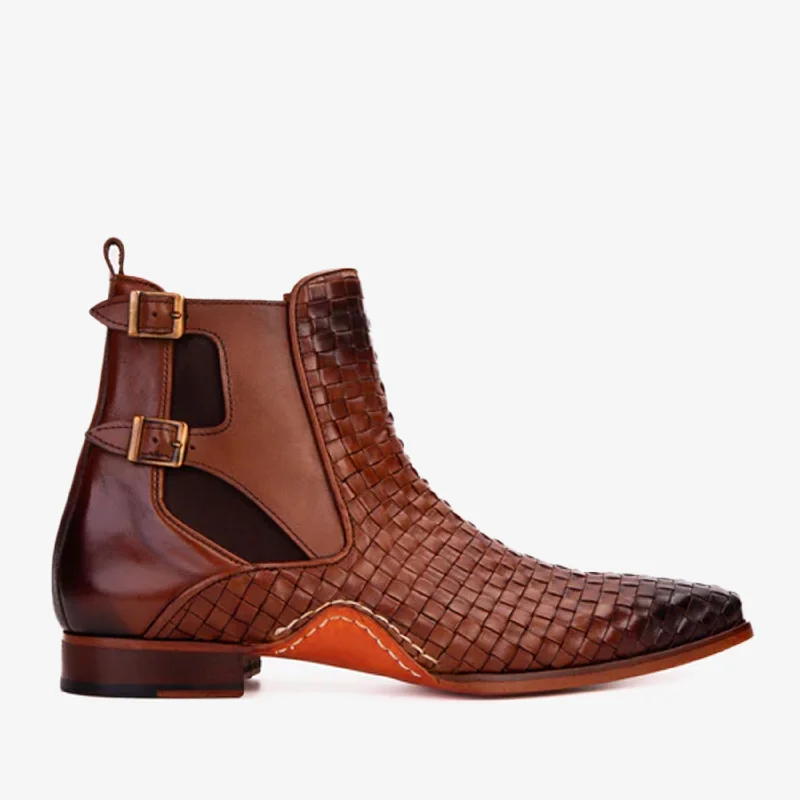 Men's Breathable Boots The Rolls Boot Woven Tan Leather Double Monk Strap Handmade Men Shoe