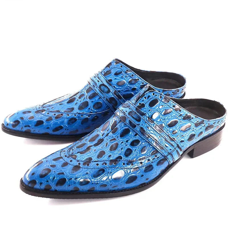 Men's Sporty Boots Luxury Leather Blue Slip-on Lizard Print Casual Half Shoes for Men