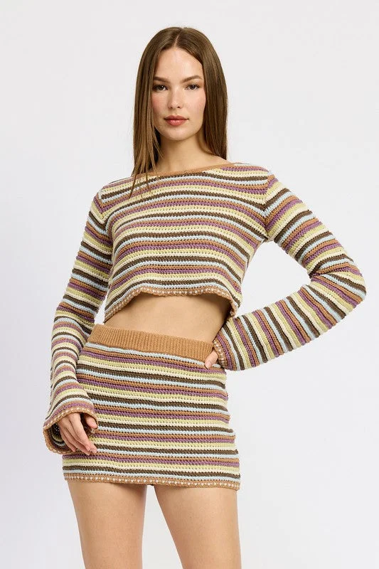 Casual Clothes For Women Hot Girl Desert Daze Striped Crochet Long Sleeve Crop Top