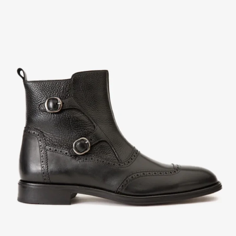 Men's Flexible Sole Shoes The Rand Black Leather Double Buckle Brogue Men Boot with a Zipper