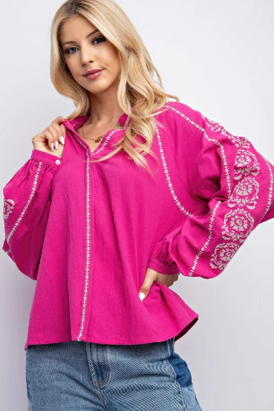 Comfortable Casual Women's Clothing Hot Girl Linen Gauze Embroidered In Hot Pink Long Sleeve Top