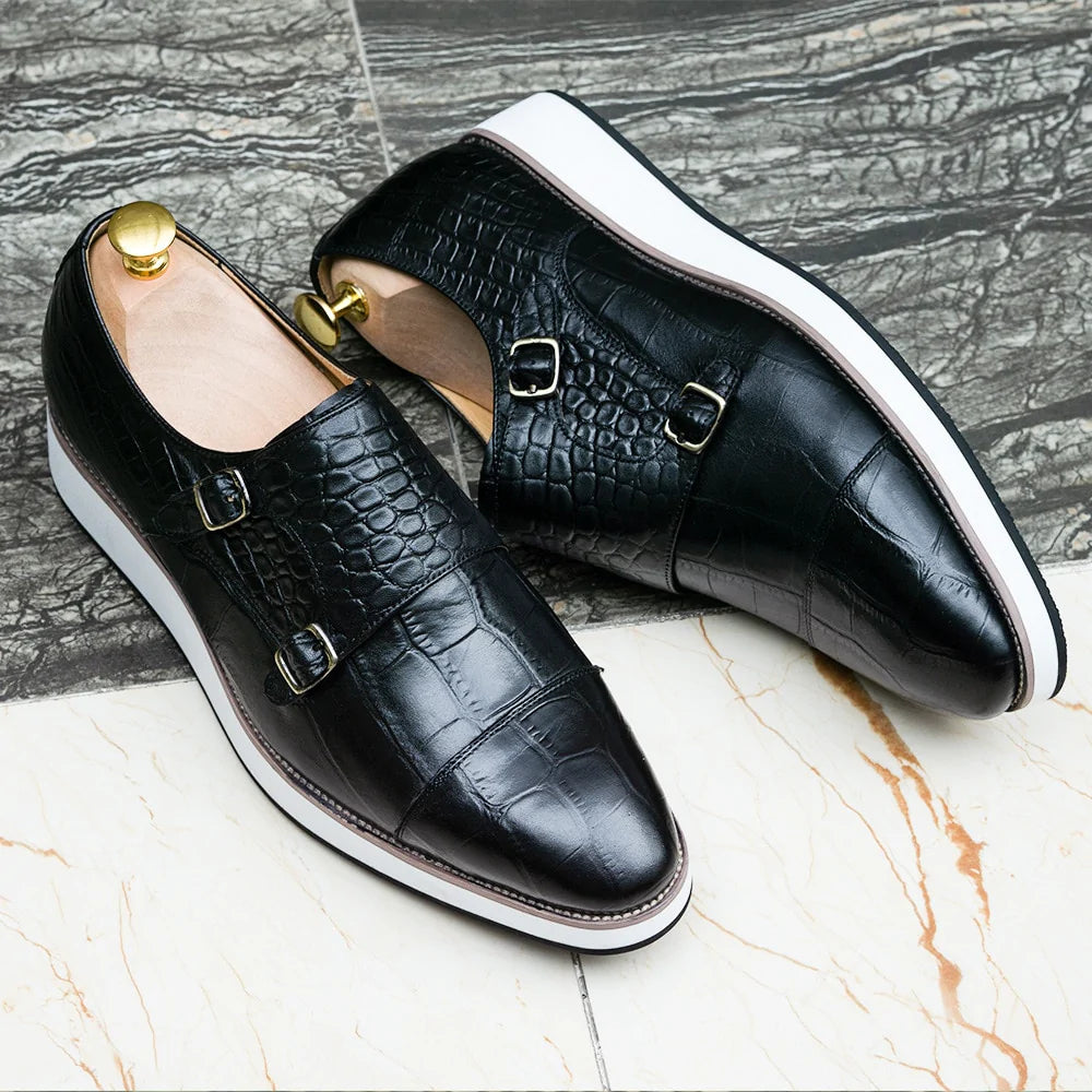 Men's Shock-Absorbing Shoes Causal Men's Genuine Leather Crocodile Pattern Slip-On Formal Shoes