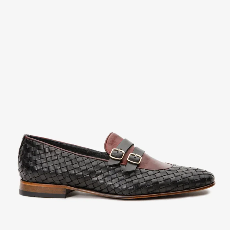 Special Promotion On Comfortable Walking Shoes The Vatra Black & Burgundy Woven Double Monk Strap Men Shoe