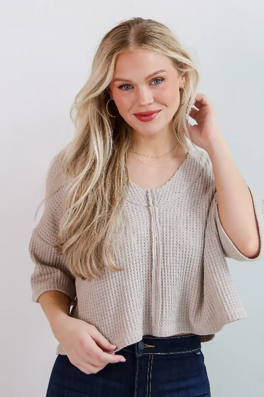 Stylish Everyday Clothing FINAL SALE - Effortless Mode Taupe Waffle Knit Tee