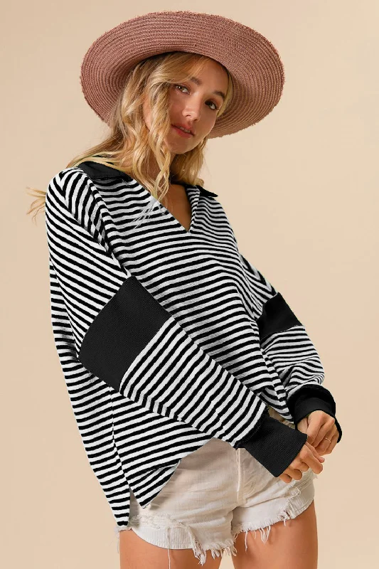 Online Boutiques Clothing Hot Girl Striped Contrast Knit In Black Long Sleeve Top