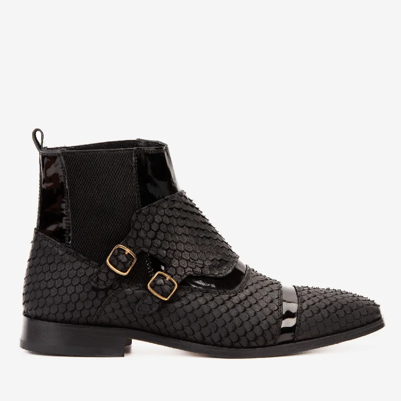 Men's All-Season Boots The Orion Black Snakeskin Pattern Leather Double Monk Strap Boot