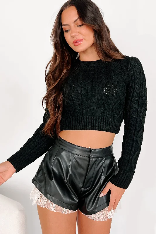 Trendy Boutiques Online Pay It Forward Cable Knit Crop Sweater (Black)