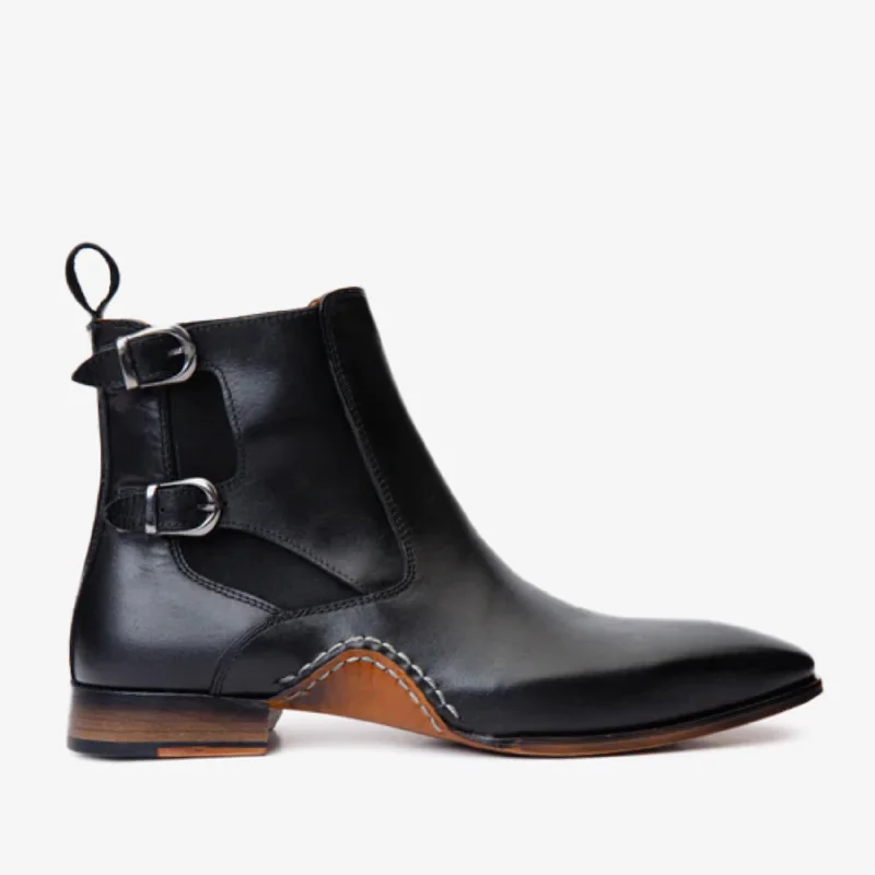 Men's Durable Boots The Royal Hand Craft Black Leather Double-Buckle Chelsea Men Boot