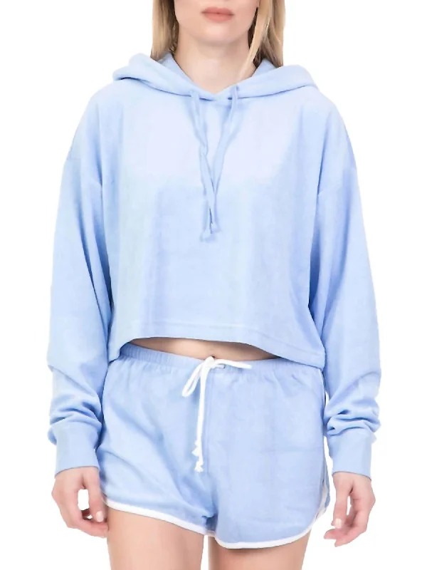 Trendy Women's Fashion Beach Micro Terry Hooded Pullover In Blue