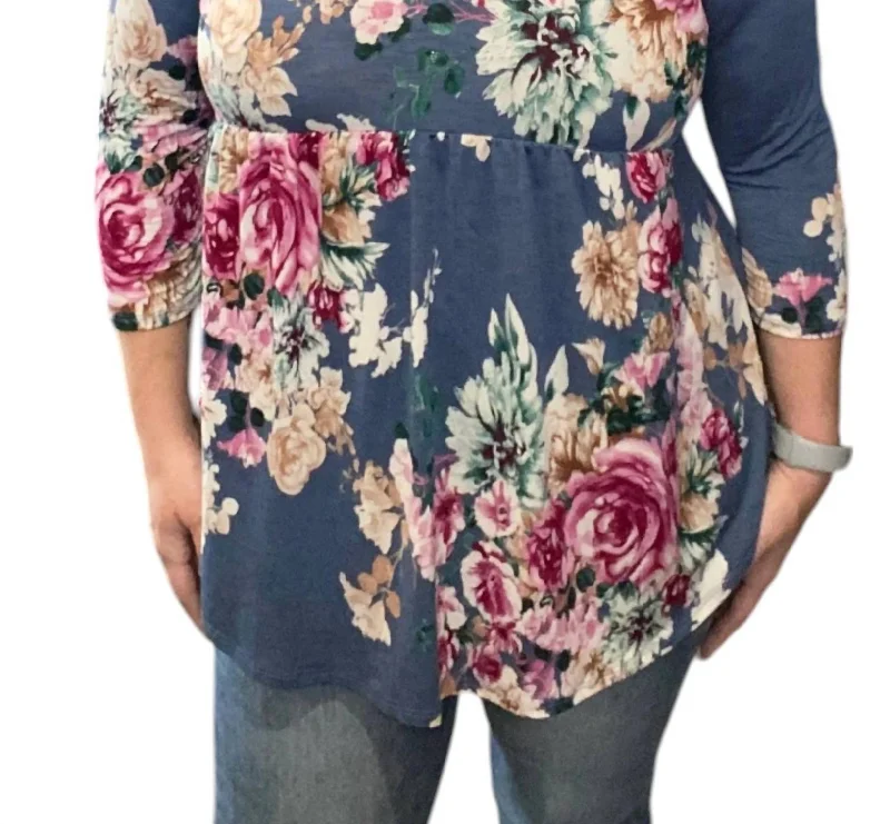 Holiday Special Offers Floral Gabby Babydoll Tunic Top In Denim