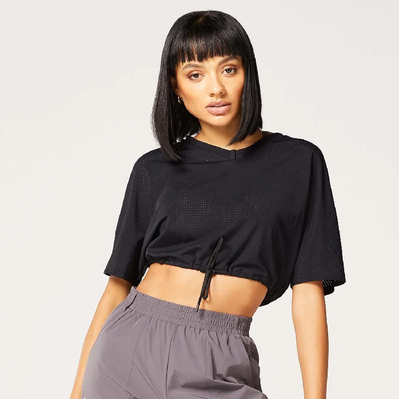 Women's Vintage Garments Code Cropped Drawstring Tee - Black