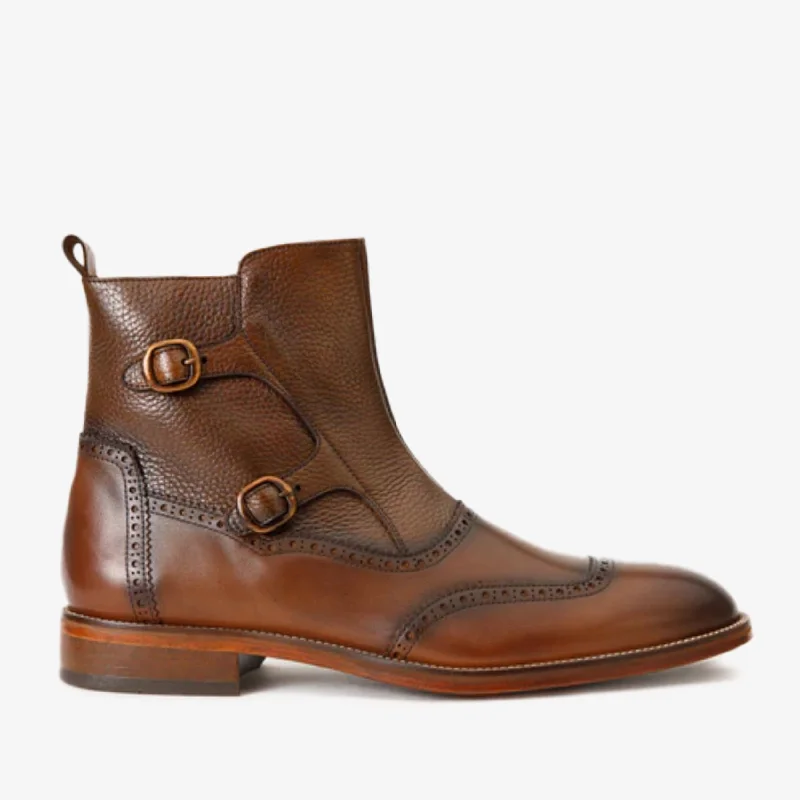 Men's Anti-Slip Shoes The Rand Brown Leather Double Buckle Brogue Men Boot with a Zipper