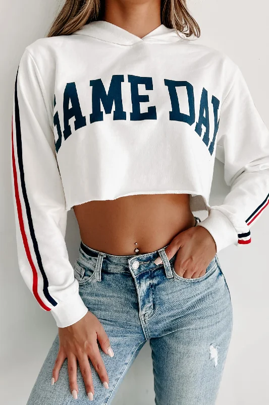 Unique Women's Fashion Pieces Varsity Squad "Gameday" Crop Hoodie Top (Ivory)