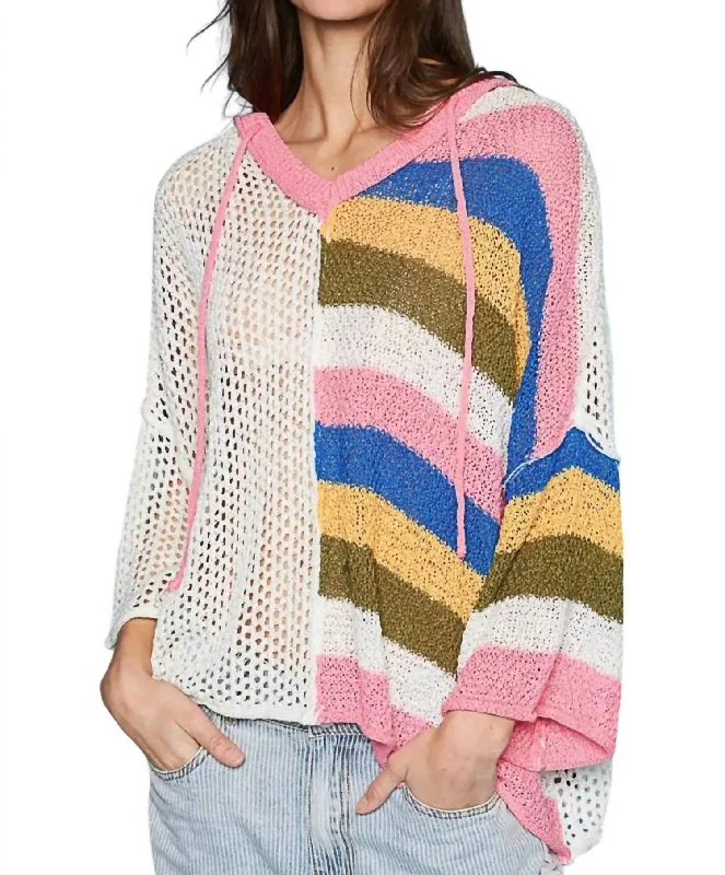 Casual Fashion for Women Striped Hoodie Sweater In Ivory Multi