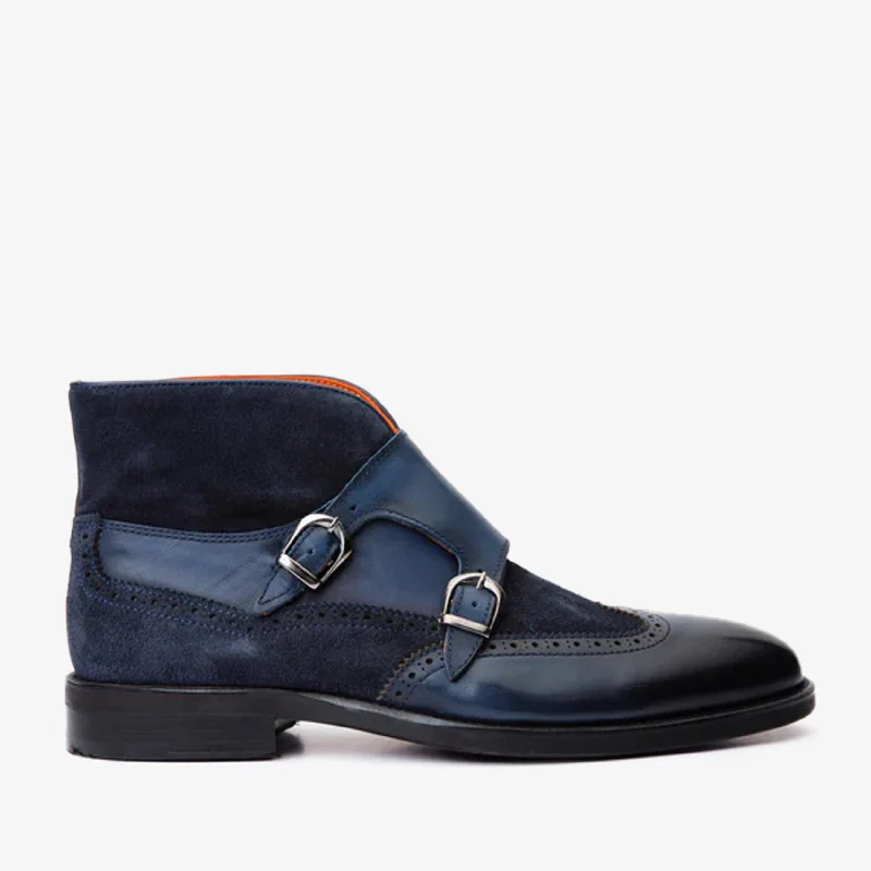 Men's Waterproof Boots The Albus Navy Blue Leather & Suede Double Strap Monk Brogue Men Boot