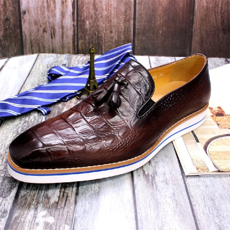 Men's Flexible Shoes Men's Casual Cowhide Crocodile Fringe Cut Sewing Single Head Layer Shoes