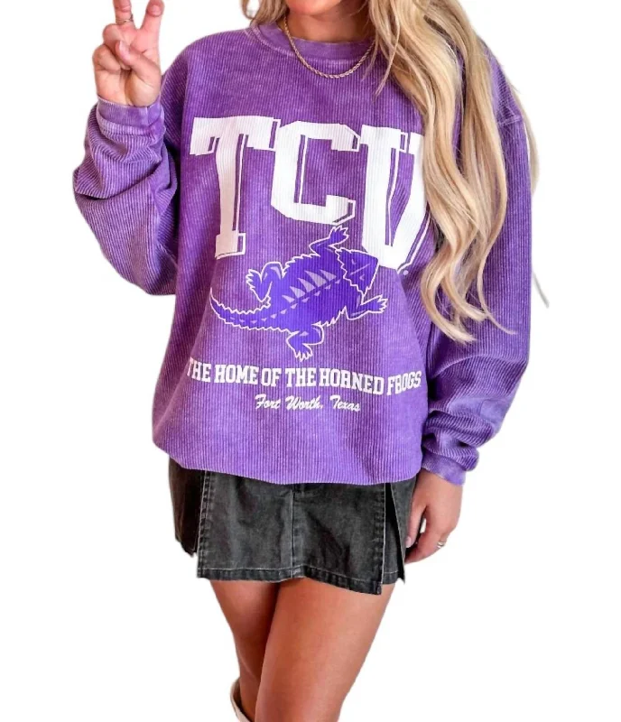 Women's Chic Outerwear Outfit Tcu Mascot Cord Sweatshirt In Purple