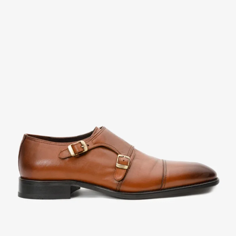 Men's Seamless Design Shoes The Essen Brown Cap Toe Double Monk Strap Men Shoe