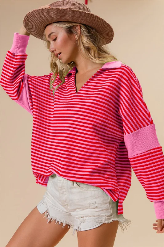 Trendy Boutique Online Hot Girl Striped Contrast Knit In Hot Pink Long Sleeve Top