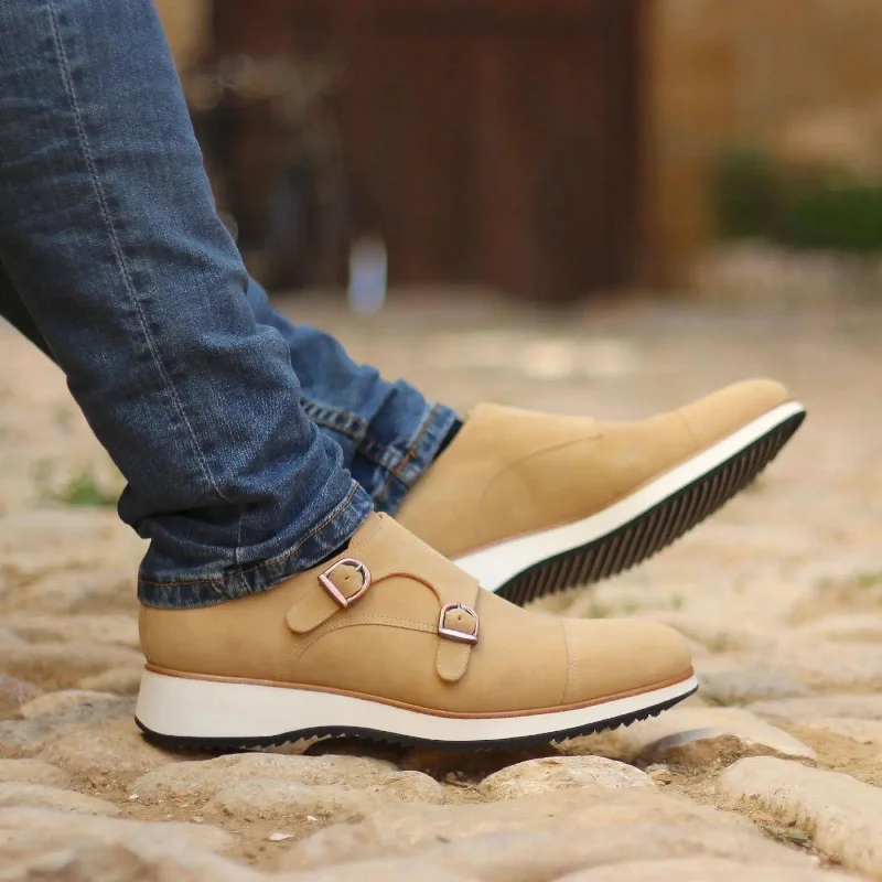 High-Quality Shoes DapperFam Monaco in Sand Men's Lux Suede Double Monk