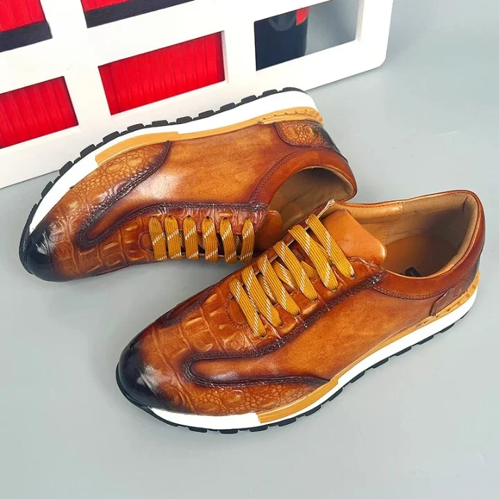 Men's Lightweight Boots Luxury Solid Pattern Genuine Cow Leather Lace-up Casual Shoes for Men
