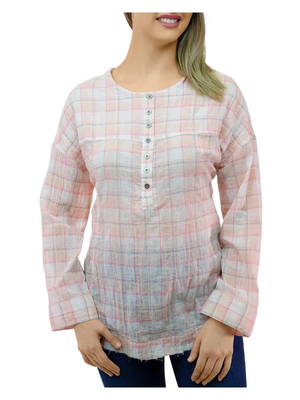 Stylish Women's Attire Mia Pucker Womens Plaid Round Neck Tunic Top