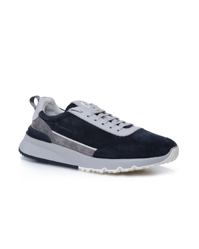 Men's Shock-Absorbing Boots Suede and Knit Sneakers in White and Navy