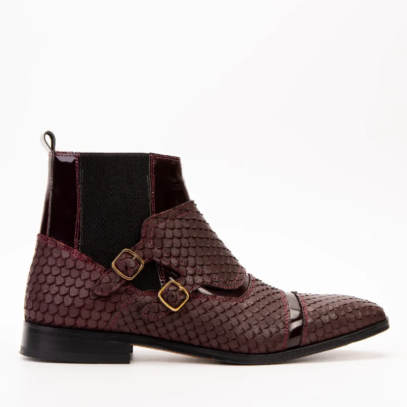 Men's Versatile Boots The Orion Burgundy Snakeskin Pattern Leather Double Monk Strap Boot