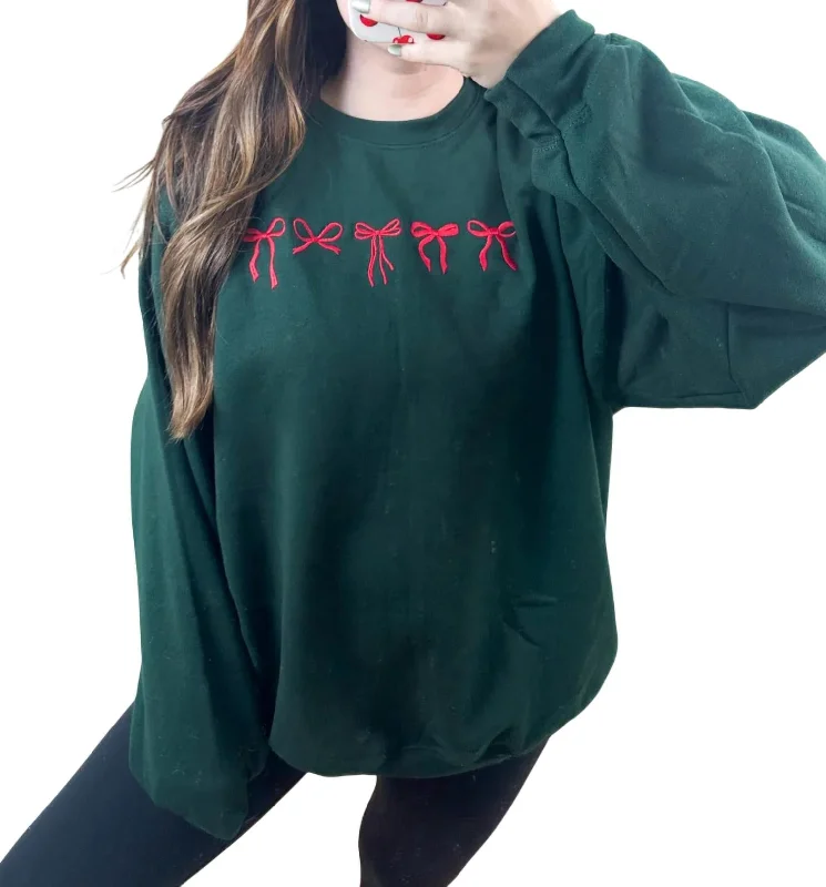 Women's Chic Outfit Women's Embroidered Mini-Bows Holiday Sweatshirt In Green