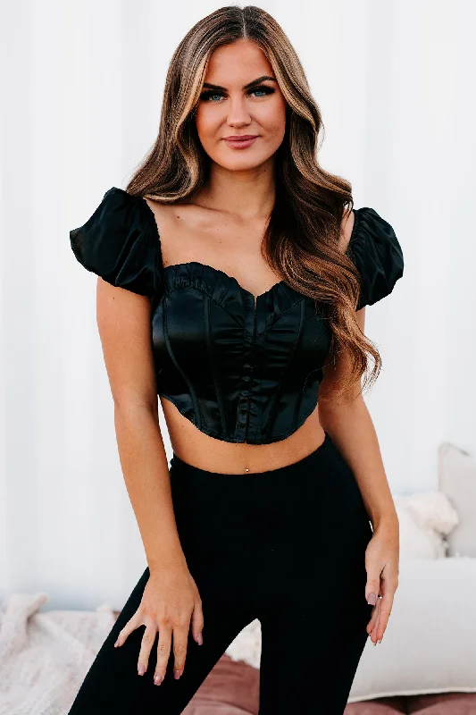 Preppy Style I Don't Need Luck Cap Sleeved Satin Crop Top (Black)