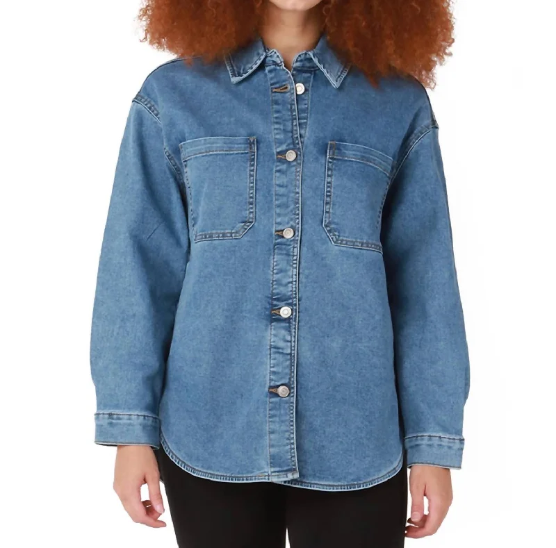 Women's Clothing Online Sale F22 Rounded Hem Denim Shacket In Medium Blue