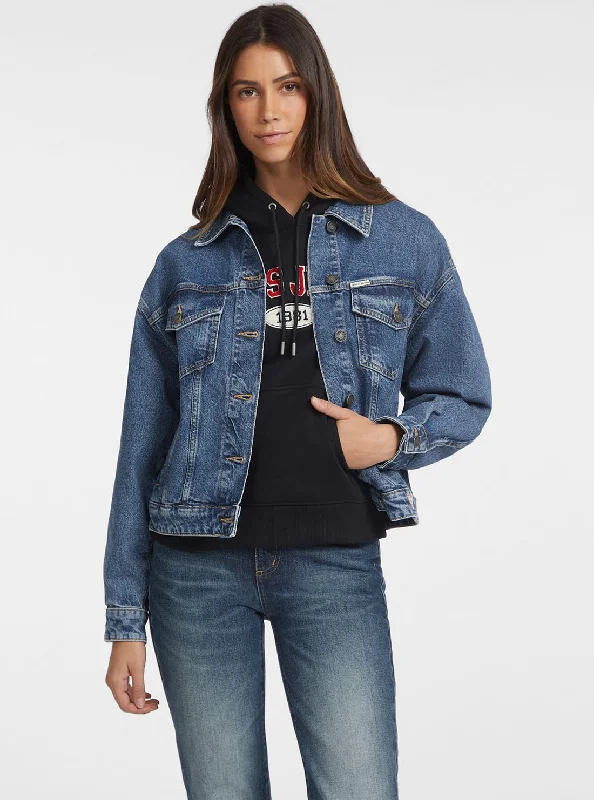 Women's Plus-Size Garments Guess Jeans Blue Denim Oversized Trucker Jacket