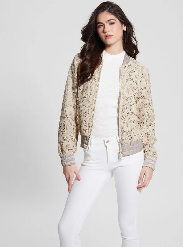 Sophisticated Style Muted Stone Aisha Lace Bomber Jacket