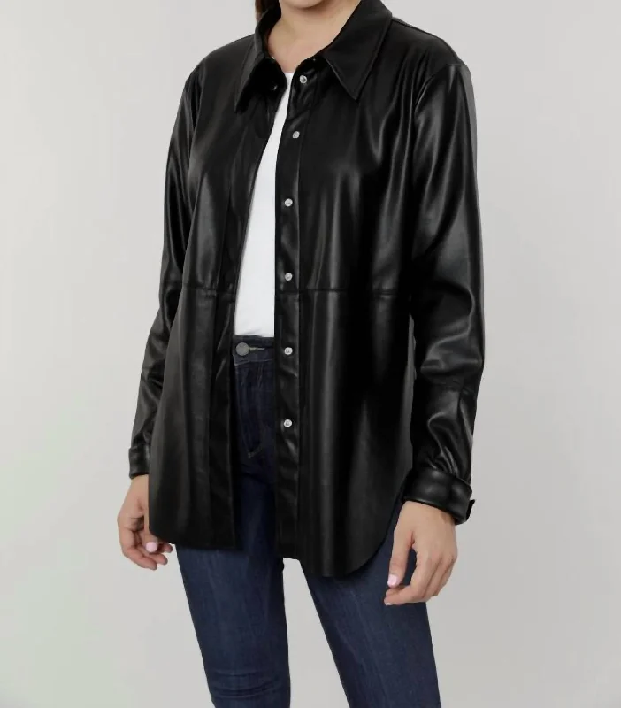 Sales Clothes Vegan Leather Button-Down Shirt Shacket In Black