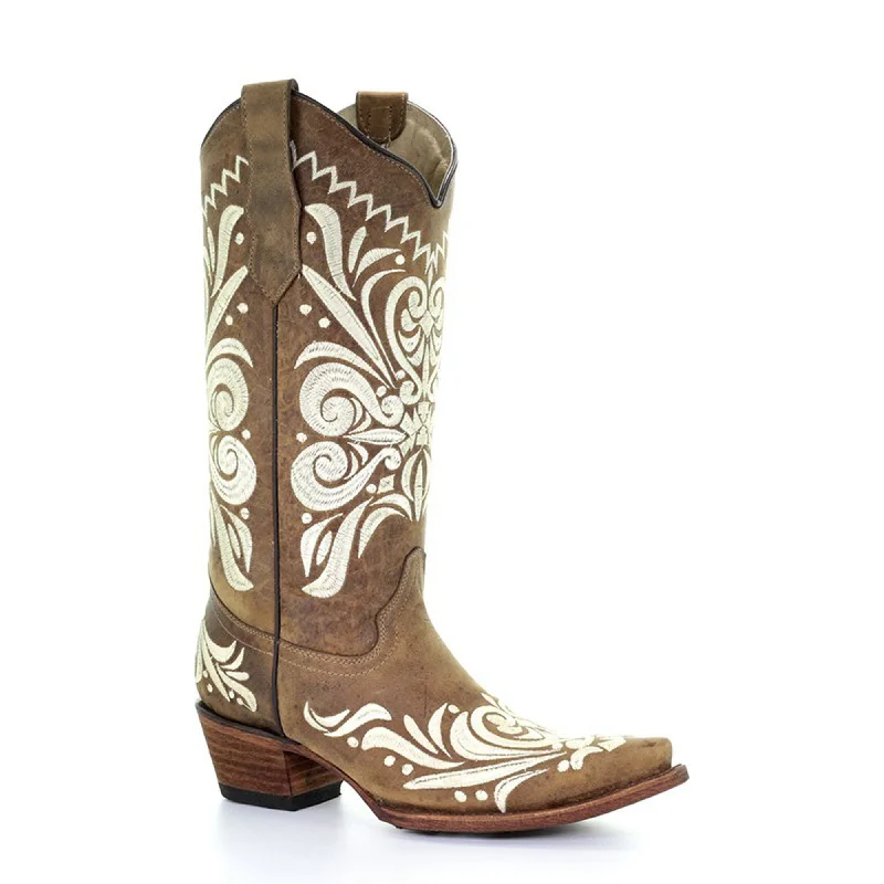 Men's Handcrafted Shoes Circle G Womens Fashion Boots Leather Tan/White Embroidered Men's Handcrafted Shoes Circle G Womens Fashion Boots Leather Tan/White Embroidered