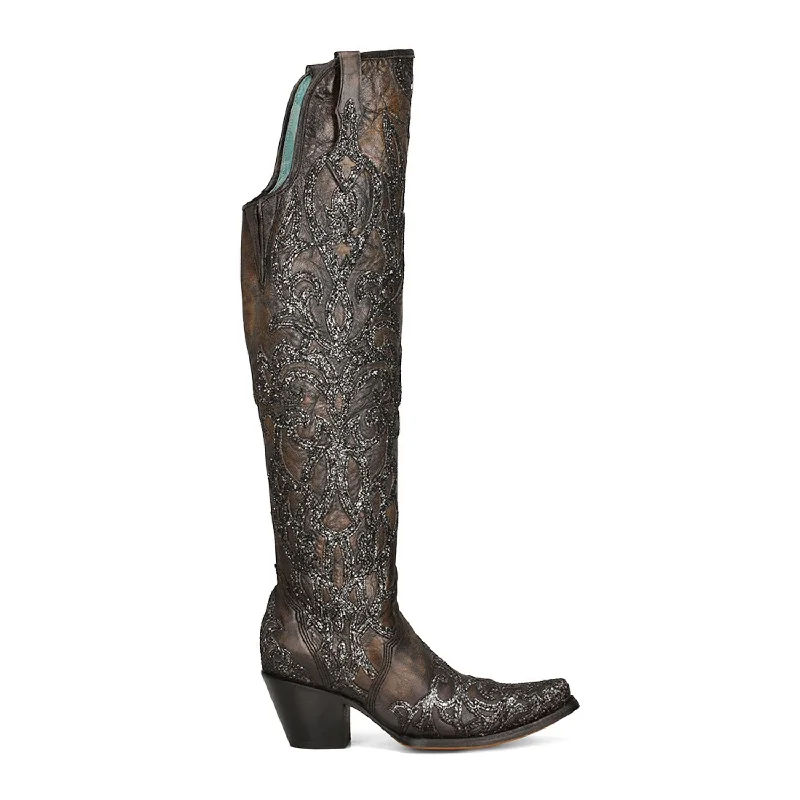 Men's High-Quality Shoes Corral Womens Black Glitter Overlay Brown Cowhide 22in Cowboy Boots Men's High-Quality Shoes Corral Womens Black Glitter Overlay Brown Cowhide 22in Cowboy Boots